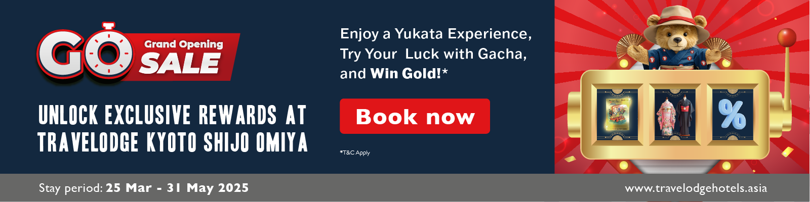 Travelodge Kyoto Shijo Omiya Extra rewards: Yukata experience, Late check out, free snack, coupon discount, and gold