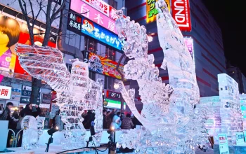 Ice Sculptures seen at night during the Sapporo Snow Festival in Japan