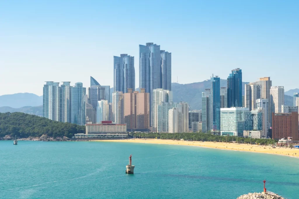City skyline of Busan and its beach coastline