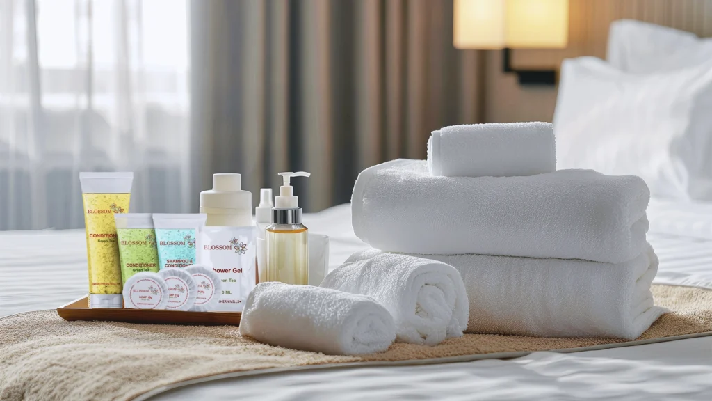 Fresh towels and toiletries prepared in a 明洞 ホテル room in Seoul, South Korea.