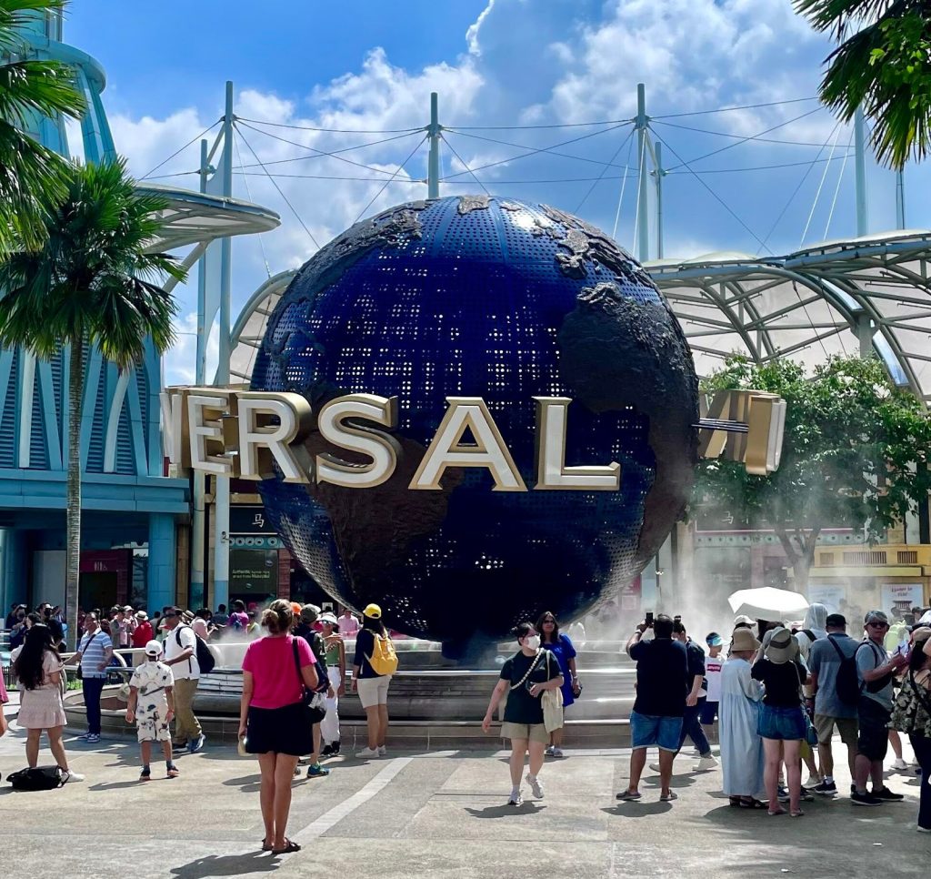 The Universal Studios Singapore iconic globe at the center of the theme park